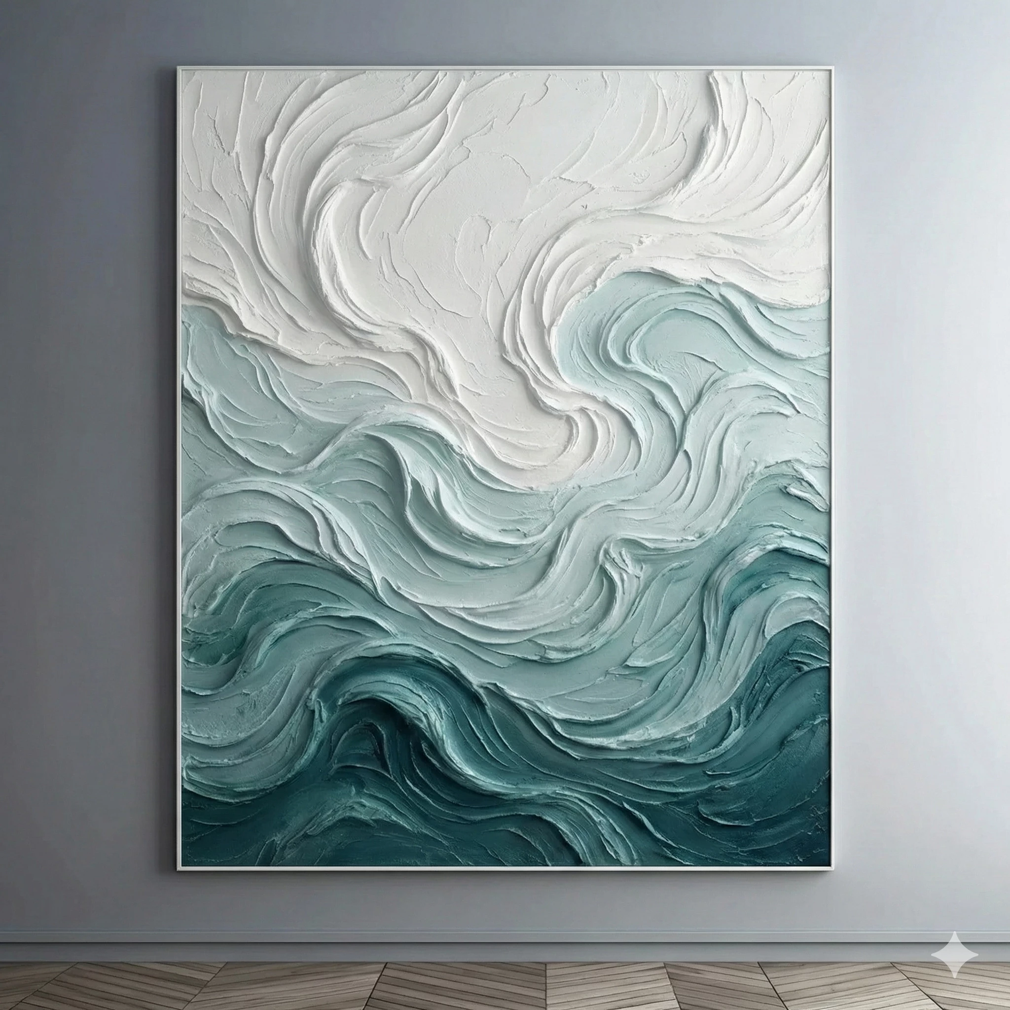 3D Textured Ocean Wave Painting - Minimalist Blue & White Art